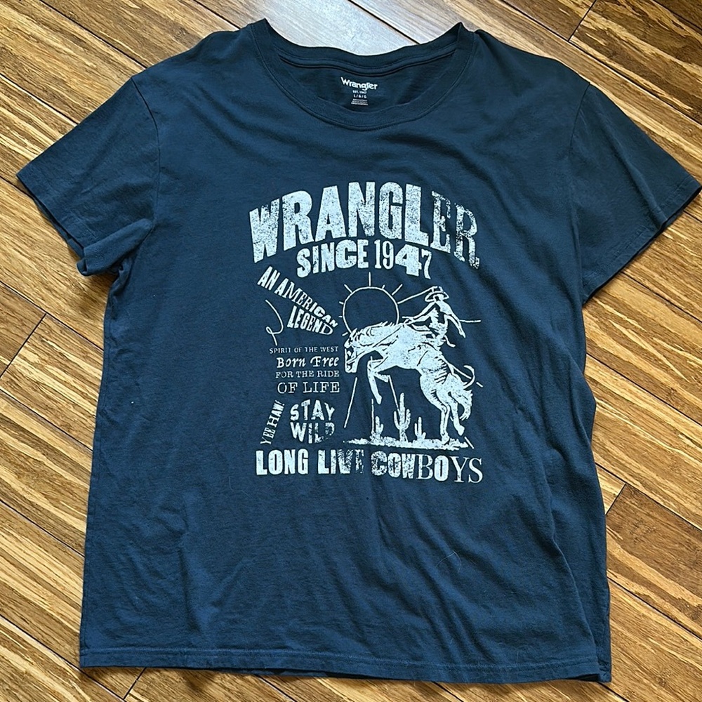 SOLD Wrangler Blue Short Sleeve Tee with Vintage Graphic